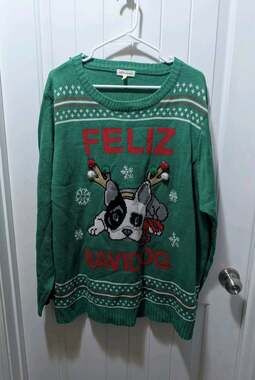 Feliz Navidog Ugly Christmas Sweater Women's 3X Green Reindeer Puppy Dog Holiday